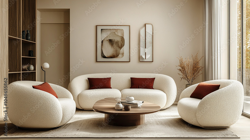 Fototapeta premium white and gold theme modern interior design, A white sectional sofa sits in a modern, bright living room. The sofa is accented with fluffy pillows.