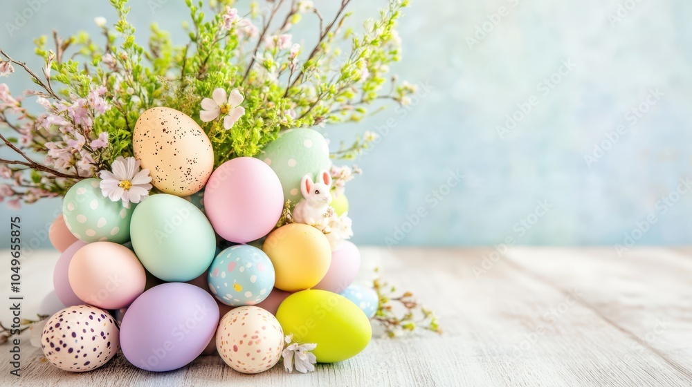 A pastel Easter egg tower centerpiece decorated with flowers on a white pedestal, perfect for spring celebrations and elegant table decor. A pastel Easter egg tower centerpiece decorated with flowers on a white pedestal, perfect for spring celebrations and elegant table decor.