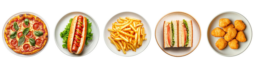 Set of Fast food or junk food serve in plate from top view isolated on background, delicious meal with pizza, fried nugget, french fries, sandwich and hot dog.