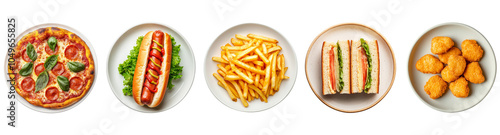 Set of Fast food or junk food serve in plate from top view isolated on background, delicious meal with pizza, fried nugget, french fries, sandwich and hot dog. photo