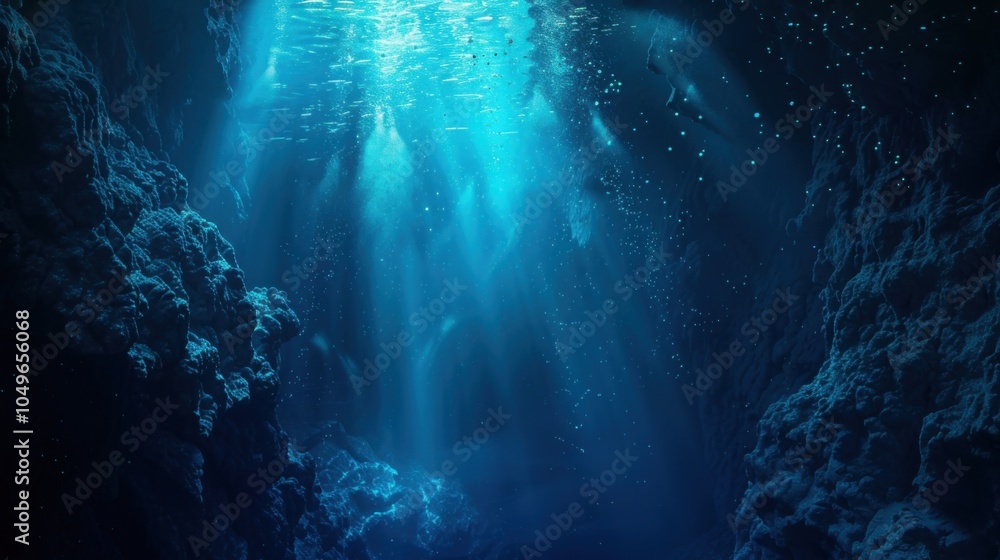Obraz premium A breathtaking shot of a deep, turquoise-blue sea trench with bioluminescent creatures illuminating the dark depths, Sea trench scene