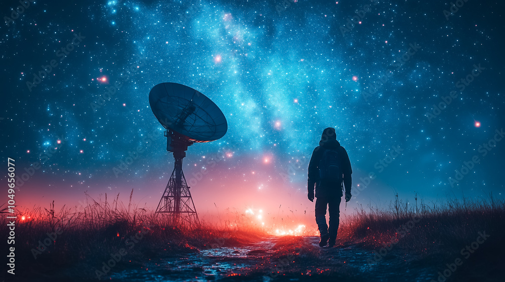 A lone figure walks toward a satellite dish under vibrant stars in a surreal, dark night sky A lone figure walks toward a satellite dish under vibrant stars in a surreal, dark night sky