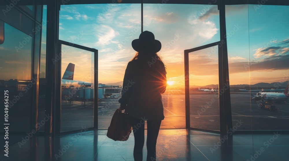 A traveler stands silhouetted by the large glass doors of the airport, gazing out at the stunning sunset with a sense of anticipation, holding a travel bag