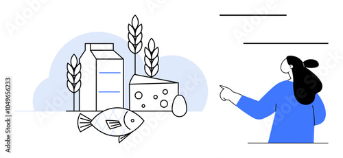 Various food items such as milk, cheese, fish, wheat, and an egg next to a person pointing. Ideal for health education, diet planning, nutrition tips, food guides, and healthy eating. Simple line art