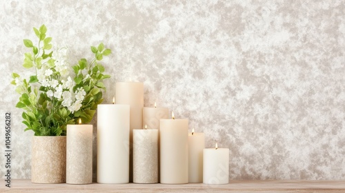 Assorted candles and eucalyptus in a cozy setting. Concept: natural ambiance and tranquility.