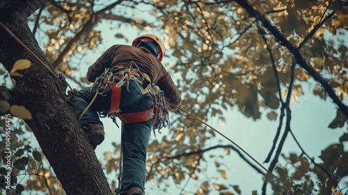 A tree surgeon methodically climbs a tree equipped with safety gear, focusing on pruning branches while surrounded by vibrant autumn leaves in a residential neighborhood