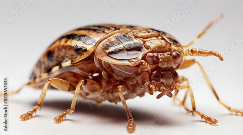 A detailed close-up of bed bugs showing their anatomy and texture, isolated on a plain white background for clarity.