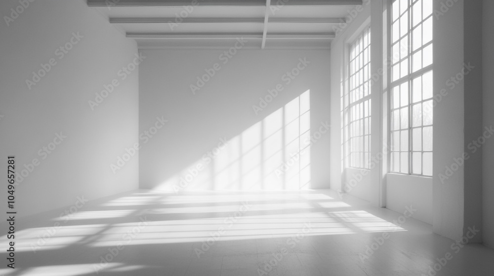 Obraz premium A corner of a room lit by sunlight, with light shading from the window, Empty room, seamless white walls, soft shadows,