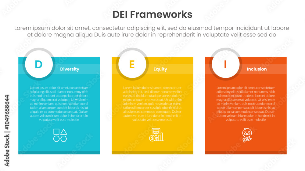 DEI organizational frameworks infographic 3 point with box container table with circle badge header for slide presentation DEI organizational frameworks infographic 3 point with box container table with circle badge header for slide presentation