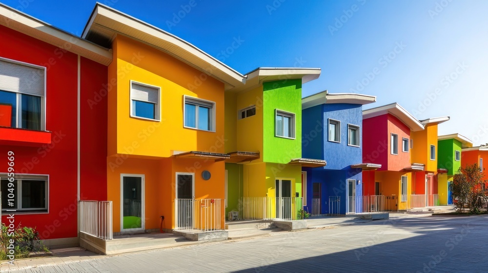 Fototapeta premium Colorful modern houses lined up in a vibrant urban setting.