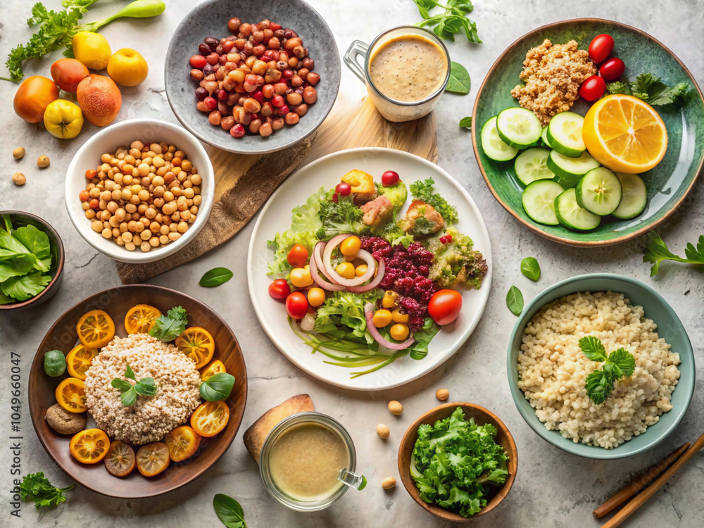 wholesome vegan meal spread, featuring a variety of dishes like salads, grain bowls, and smoothies wholesome vegan meal spread, featuring a variety of dishes like salads, grain bowls, and smoothies