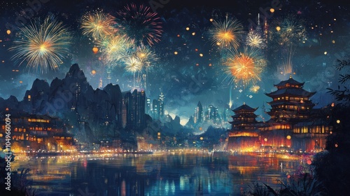 A vibrant night scene featuring fireworks over a serene waterway with traditional buildings.