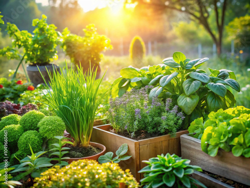 green garden scene with a variety of fresh herbs and vegetables