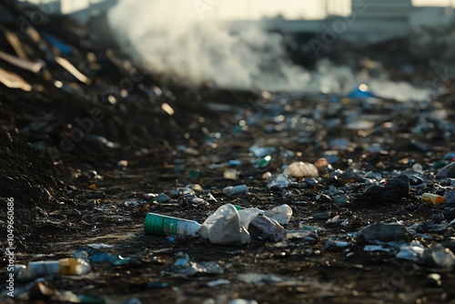 Polluted landscape with plastic waste, close-up photo