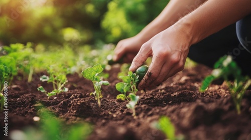 Environmental sustainability, community garden with people planting vegetables, focus on local food production, promoting eco-friendly living, ideal for stock use,