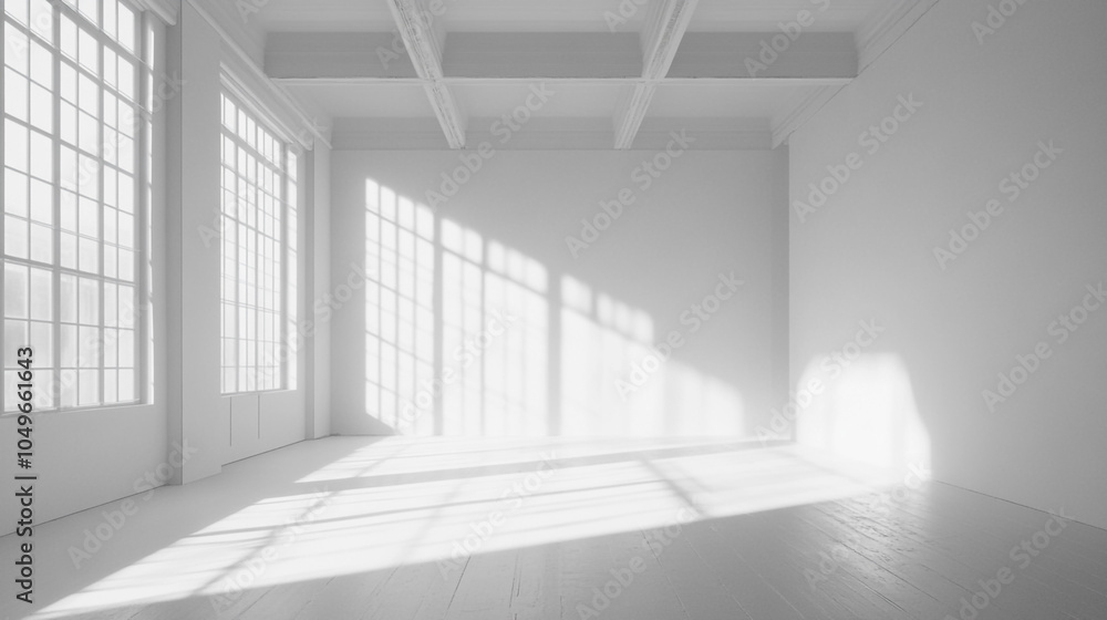 Fototapeta premium Empty Interior Room with White Background 3D Render Illustration, White open space office interior with blank wall.