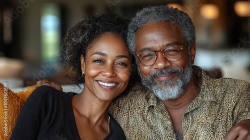 A joyful African couple, a man and a woman, embracing in a warm, cozy setting. Their expressions reflect love and happiness.