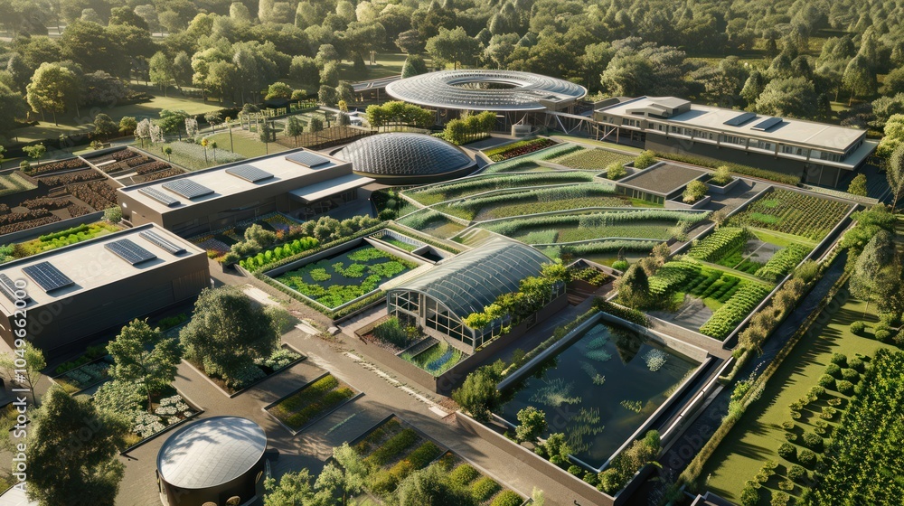 Aerial View of a Modern Green Roof Garden with Geometric Landscaping Aerial View of a Modern Green Roof Garden with Geometric Landscaping