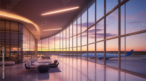 Modern airport terminal with sleek architecture, minimalistic interior design, and large glass windows overlooking airplanes on the runway, soft pastel lighting enhances a calm travel vibe.