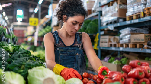 A young Middle-Eastern female worker meticulously selects tomatoes at an indoor market, wearing denim overalls and yellow gloves.