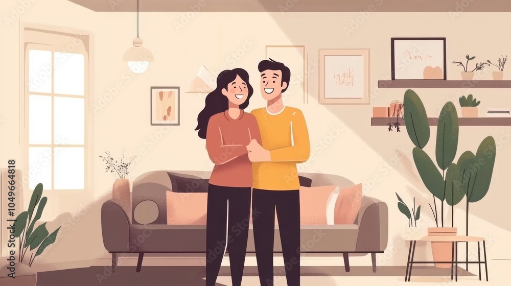 Happy couple moments in the living room, smiling and embracing, cozy atmosphere, promoting love and warmth at home, stock-ready, Happy couple moments in the living room, smiling and embracing, cozy atmosphere, promoting love and warmth at home, stock-ready,