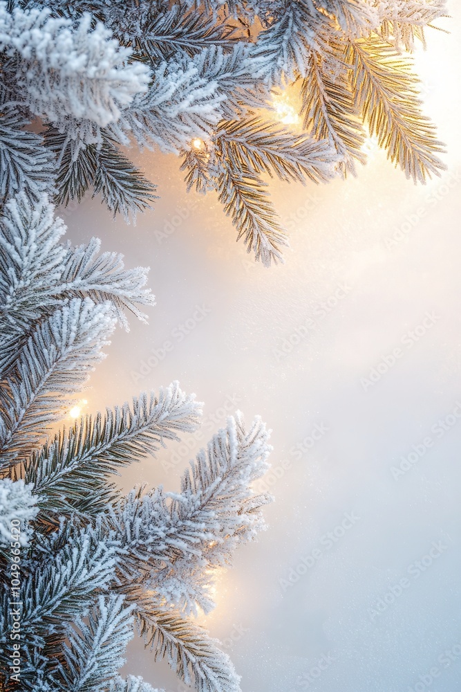 Snowy fir branches with warm lights on a cold backdrop. Snowy fir branches with warm lights on a cold backdrop.