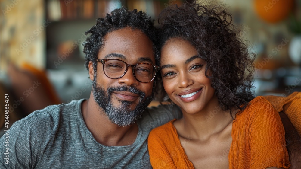 A joyful African American couple sits closely together, sharing smiles and warmth, showcasing love and companionship in a cozy setting. A joyful African American couple sits closely together, sharing smiles and warmth, showcasing love and companionship in a cozy setting.
