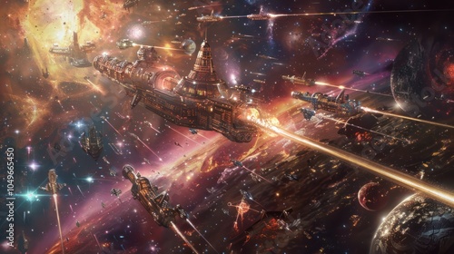 A fleet of futuristic spaceships engaged in interstellar combat