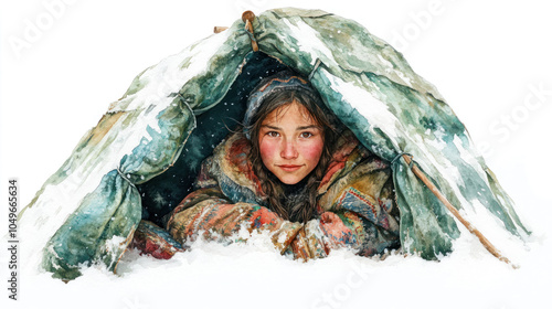 Green watercolor painting of Siberian Nenets girl in nomadic camp photo