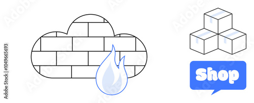 Cloud firewall with a flame, three stacked storage boxes, and a blue shop button. Ideal for online security, e-commerce, cloud storage, technology services, and data protection. Minimalist and modern