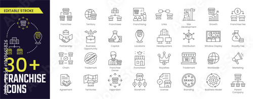 Franchise Stroke icon collections. Containing Franchising, Growth, team, Franchise Fee, Marketing, Trademark, Agreement, and Territories icons. Editable Stroke icon collection Outline.