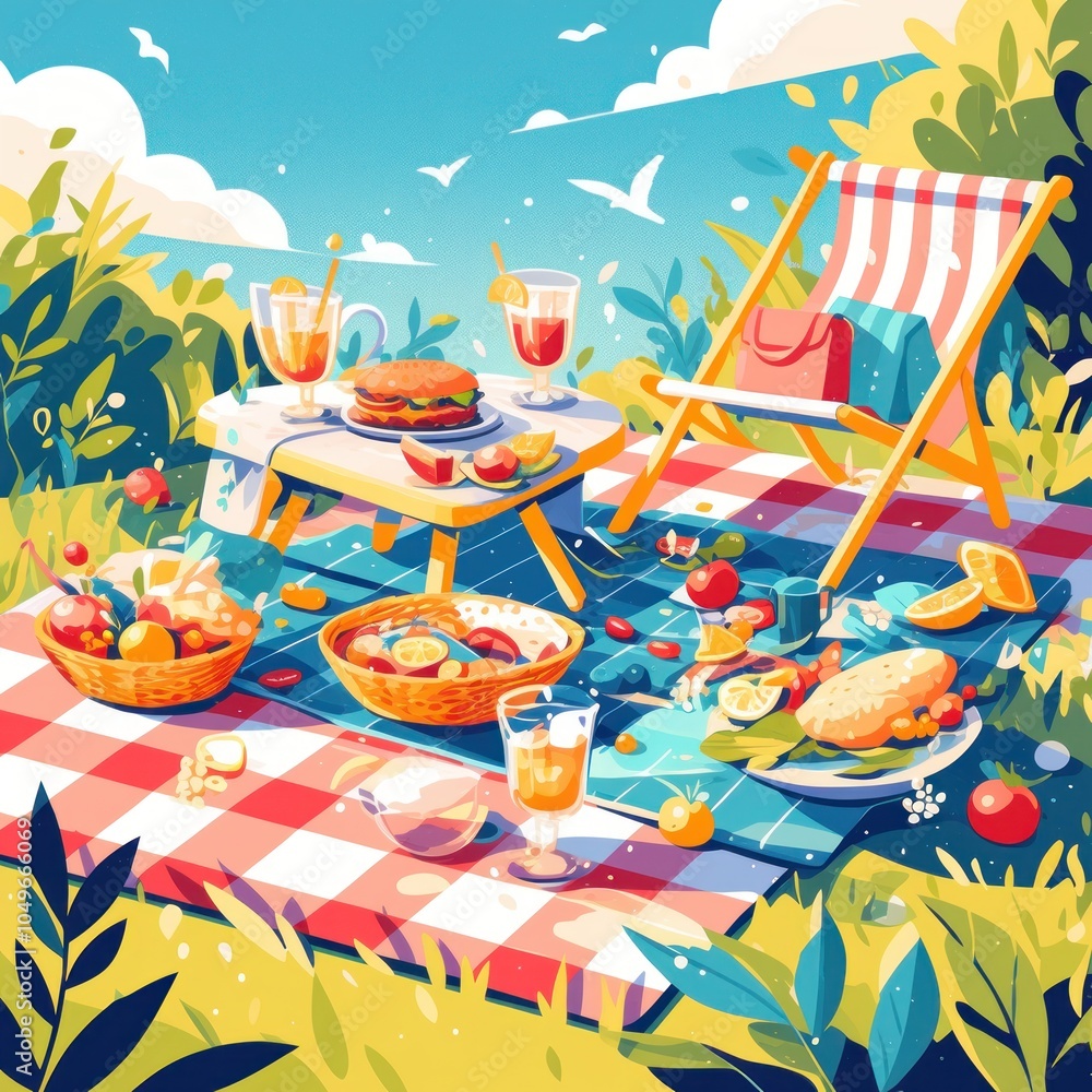 Summer Picnic Illustration with Food, Drinks, and a Checkered Blanket Summer Picnic Illustration with Food, Drinks, and a Checkered Blanket