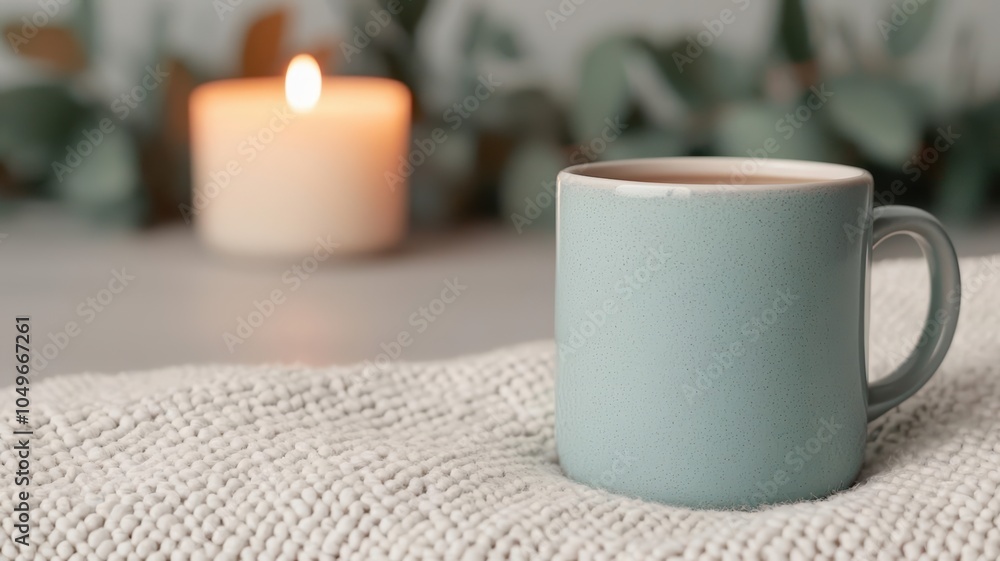 Hygge-inspired winter scene with a mug of tea, blanket, and candles, cozy winter mug hygge, serene lifestyle Hygge-inspired winter scene with a mug of tea, blanket, and candles, cozy winter mug hygge, serene lifestyle