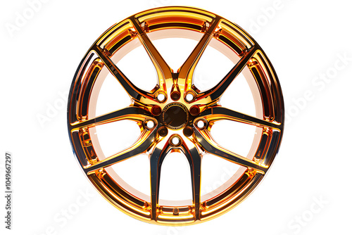 Wheel alloy car wheels rim golden chrome luxury or Mag Wheel gold high performance auto part decoration. Transport vehicles transportation. Isolated on cut out PNG or transparent background photo