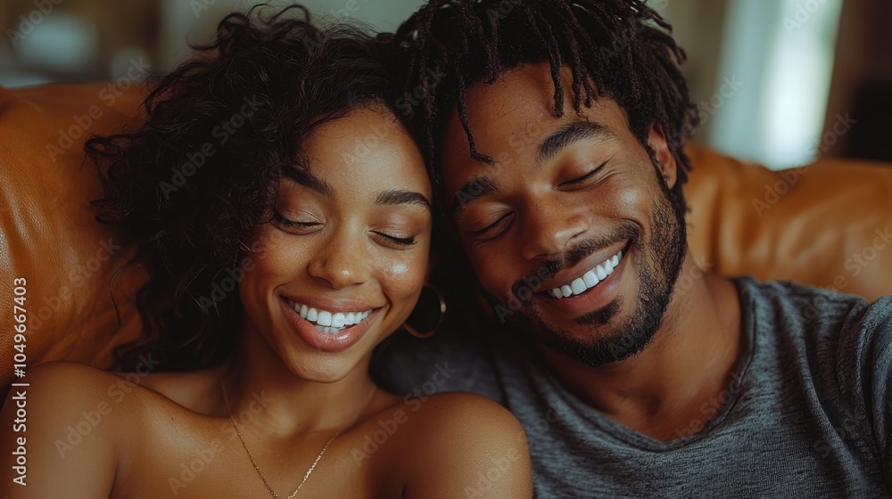 A joyful couple of African descent, smiling and cuddling on a couch, exuding warmth and love. Their expressions convey happiness and connection. A joyful couple of African descent, smiling and cuddling on a couch, exuding warmth and love. Their expressions convey happiness and connection.