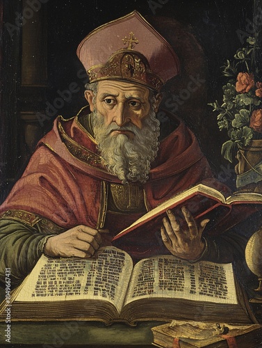 Saint Irenaeus is illustrated in a historic manuscript, encircled by sacred texts that embody early Christian beliefs and spirituality.