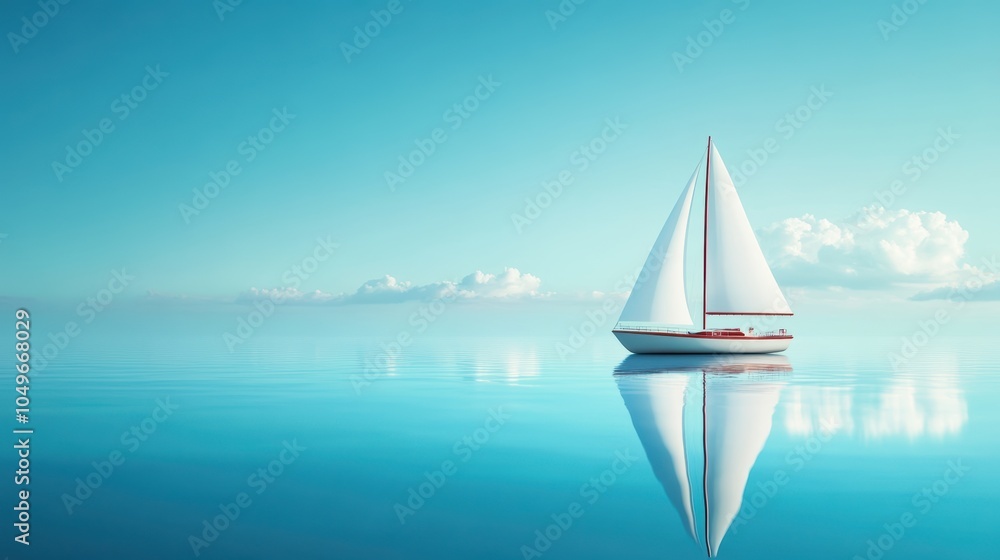 Fototapeta premium A solitary sailboat glides across the glassy surface of the ocean, disappearing into a horizon where the sky meets the water in a surreal embrace.