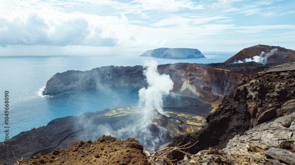 A breathtaking view of a remote volcanic island with a steaming crater, Volcanic island scene, Rugged style