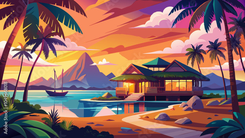 Tropical paradise - exotic luxury vacation in Mauritius island, beach villa under palms