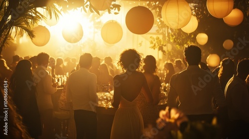 A vibrant outdoor party scene with guests enjoying drinks under glowing lanterns.