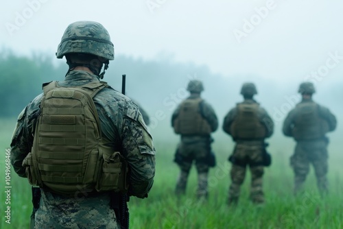 Focused soldiers in uniform stand in disciplined formation against a misty backdrop, embodying strength, order, and unity in the field. photo