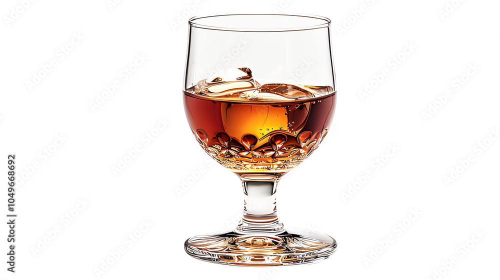 Yellow Amber whiskey in glass long stem luxurious with ice isolated on cut out PNG or transparent background. Celebrating various festivals. Realistic drink alcohol in glossy surface template pattern. Yellow Amber whiskey in glass long stem luxurious with ice isolated on cut out PNG or transparent background. Celebrating various festivals. Realistic drink alcohol in glossy surface template pattern.