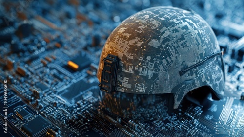 Military helmet on a circuit board, symbolizing technology and defense integration.