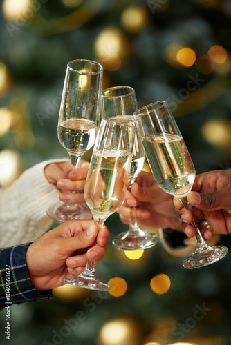 Vertical shot of people clinking glasses with champagne celebrating Christmas together at home dinner, copy space photo