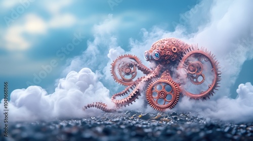 A curious creature, its body made of gears and steam pipes, scurries across a surreal landscape, leaving a trail of whimsical, swirling vapor. photo