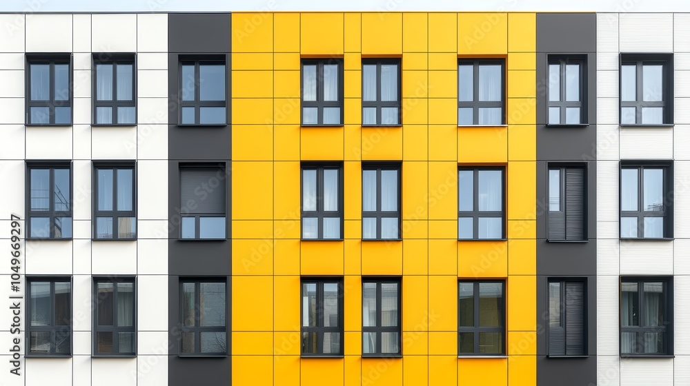 Obraz premium Vibrant yellow and white architectural design, a building with numerous windows characterized by modernity geometric patterns
