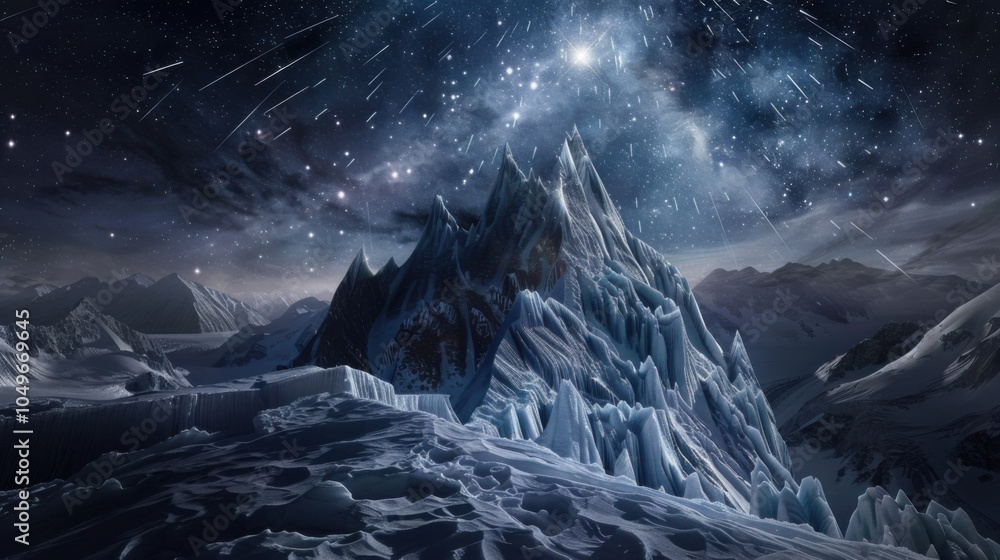 A breathtaking view of an isolated, high-altitude ice peak with sharp, jagged ice formations and a rare A breathtaking view of an isolated, high-altitude ice peak with sharp, jagged ice formations and a rare