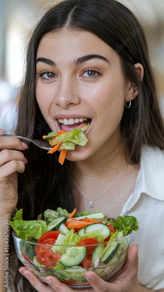Young woman eating a bowl of salad, close-up showing healthy lifestyle focus Young woman eating a bowl of salad, close-up showing healthy lifestyle focus