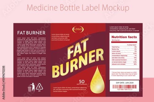 Illustration of Medicine Bottle Label Mockup. equipped with a phi measurement guide to find the diameter and circumference of the bottle circle. 
