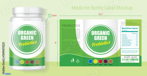 Illustration of Medicine Bottle Label Mockup. equipped with a phi measurement guide to find the diameter and circumference of the bottle circle. 